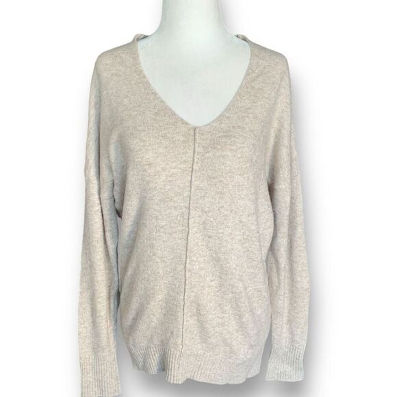 Express Sweater Heather Oatmeal Beige V-Neck Neutral Knit Pullover Wool Blend XS - Picture 2 of 11